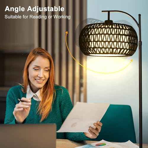 Arc Floor Lamp with 3 Color Temperatures,Black Floor Lamp with Remote Control, Boho Standing Lamp with Rattan Wicker Shades, Farmhouse Tall Pole Lamp for Living Room Bedroom