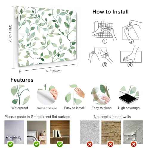 Modern Blue and Sage Green Leaf Peel and Stick Wallpaper Botanical Design Removable Self Adhesive Vinyl Contact Paper for Bathroom Waterproof Cabinets and Farmhouse Wallpaper 17.7" x 70.8"