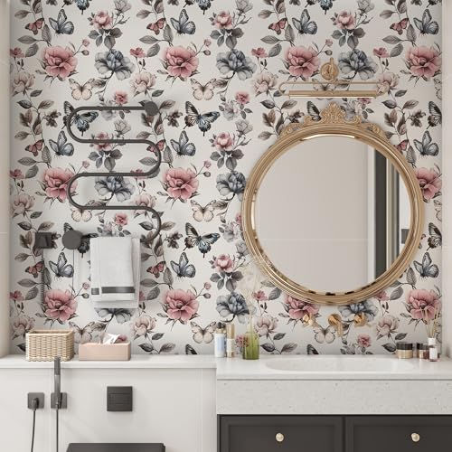 Floral Wallpaper Peel and Stick Wallpaper 17.3"x78.8" Boho Contact Paper for Cabinets and Drawers Colorful Self Adhesive Removable Wall Paper for Bedroom Butterfly Flower Wallpapers Vinyl Roll