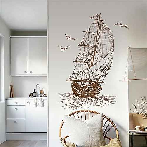 Sketch of A Sailboat Seagull Wall Stickers, sacinora Travel Adventure Inspirational Wanderlust Sailboat Nautical Wall Decals RemovableVinyl for Living Room Bedroom Bathroom Kitchen Sofa TV Background