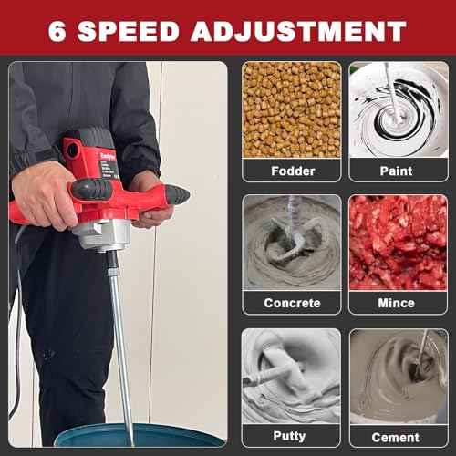 Cement Mixer, Handheld Electric Concrete Mixer, Portable Mortar Mixer with 6 Adjustable Speed, 110V Mud Mixer Machine Drill Tool for Paint Mortar Fodder Mixing Drywall Grout Plaster (Red)