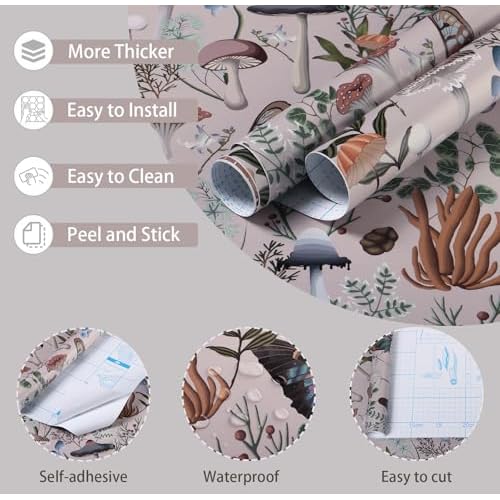 EeeComing Mushroom Peel and Stick Wallpaper Pink Mushroom Wall Paper Fairytale Forest 78.7''x16.14'' Removable Wallpaper Room Bookcase Bathroom Self Adhesive Vinyl