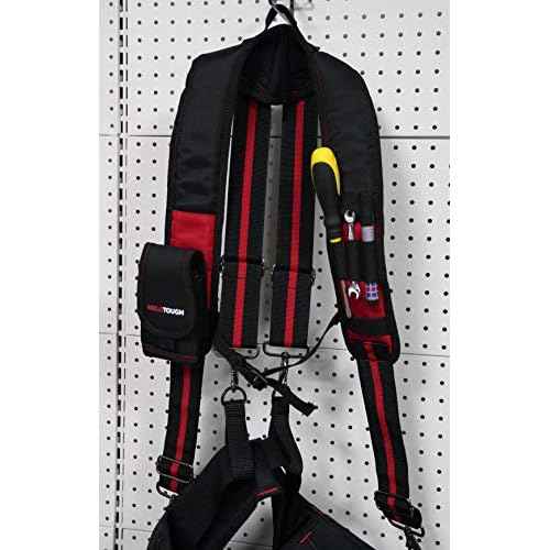 MELOTOUGH Tool Belt Suspenders Construction Work Suspenders with detachable phone holder comfortable foam shoulder padder (Red)