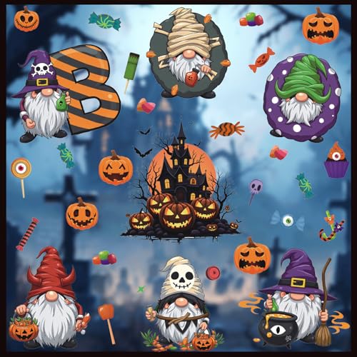 Halloween Gnome Window Clings,Cute Gnome Window Sticker,Pumpkin Bat Wall Decals,Haunted House Spooky Wall Sticker,Halloween Candy Witch Boo Ghost Decals,Pumpkin Cling for Glass Home Party Room