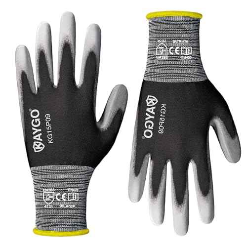 Work Gloves PU Coated 12 Pairs, KG15P,Nylon Liner with Flexible Polyurethane Coating,Safety Work Gloves for DIY, Assembly, Warehouse, Light Duty Work (Large, Black)