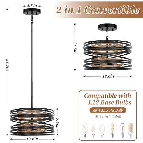 12.6'' Farmhouse Chandelier for Dining Room, Kitchen Lighting Fixtures Ceiling, 3-Light Black Pendant Light Fixture, Modern Industrial Drum Hanging Light for Over Table Foyer Entryway Hallway
