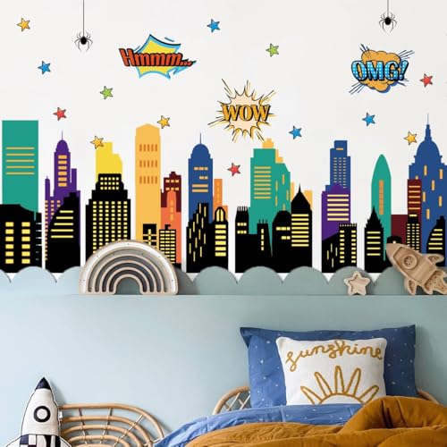 Runtoo City Skyline Wall Decal Spider Peel and Stick Wall Stickers for Boys Baby Nursery Playroom Classroom Decor