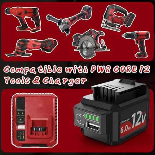 Replacement 12V 6.0Ah Lithium Battery for Skil PWR CORE 12 Tools - with USB-A Power Port, Compatible with Brushless Impact Driver, Compact Circular Saw, Reciprocating Saw