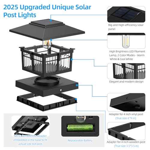 EXCMARK 4x4 Solar Post Cap Lights, 8 Pack Fence Deck Post Lights Outdoor Solar Powered Waterproof with Two Light Modes Warm&Cool White for Garden Patio Decor.(Classic Black, 8)