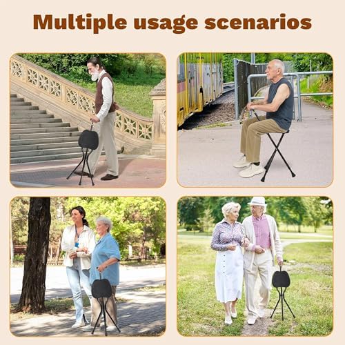UNLICON-Brown Folding Cane Stool with Seat – Lightweight Adjustable Walking Cane for Seniors, Ergonomic Design, 330 lbs Capacity, Portable and Convenient Cane Chair with Anti-Slip Feet