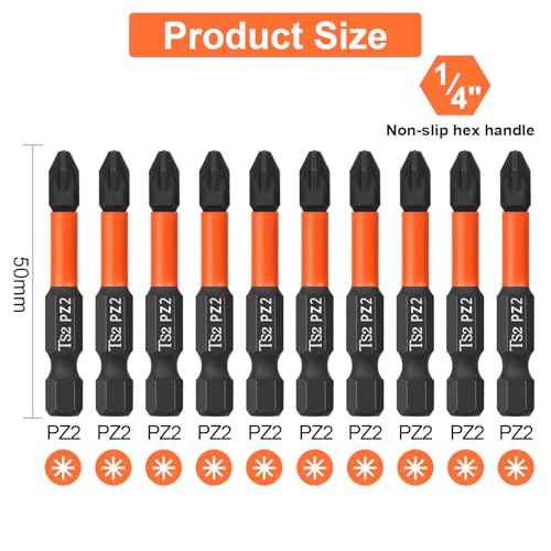 Pro PZ2 Screwdriver Bit Set - Pozi Screwdriver 10 Pieces, 50mm Length, 1/4" Hex Shank Bit Assortment, with Storage Box