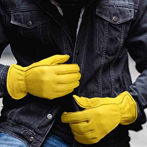 OZERO Motorcycle Gloves, Grain Deerskin Leather Driving Gloves for Rubbing Jewelry/Shooting/Hunting/Gardening/Yard Work/Farm - Extremely Soft and Perfect Fit for Men & Women (Gold,M)