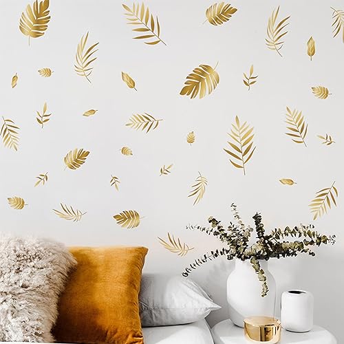 Gold Leaf Wall Decals - Peel & Stick Botanical Leaf Wall Stickers for Living Room & Bedroom