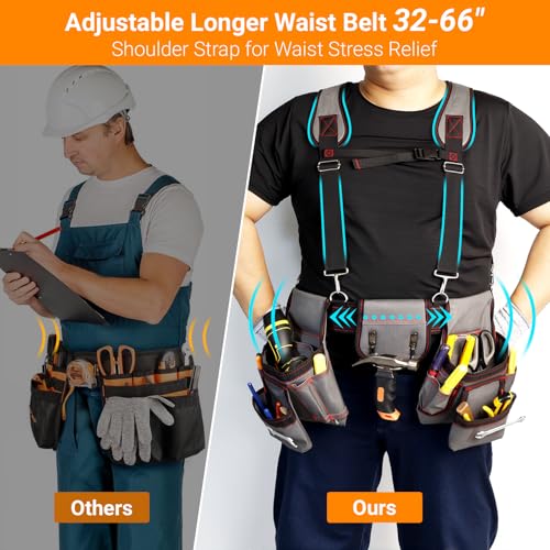 Tool Belt With Suspenders, Professional Tool Belt for Men, Magnetic Tool Belts With Suspenders, 18 Pockets Heavy Duty Detachable Adjustable Tool Belts for Electrician, Carpenter (Grey, 32''-66'')