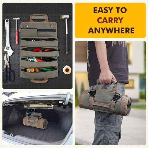 Roll Up Tool Bag Organizer, Portable Tool Roll Organizer Bag, Waterproof Oxford Cloth Tool Pouch with Handle and 6 Pockets, Perfect for Home, Electrician (Green)
