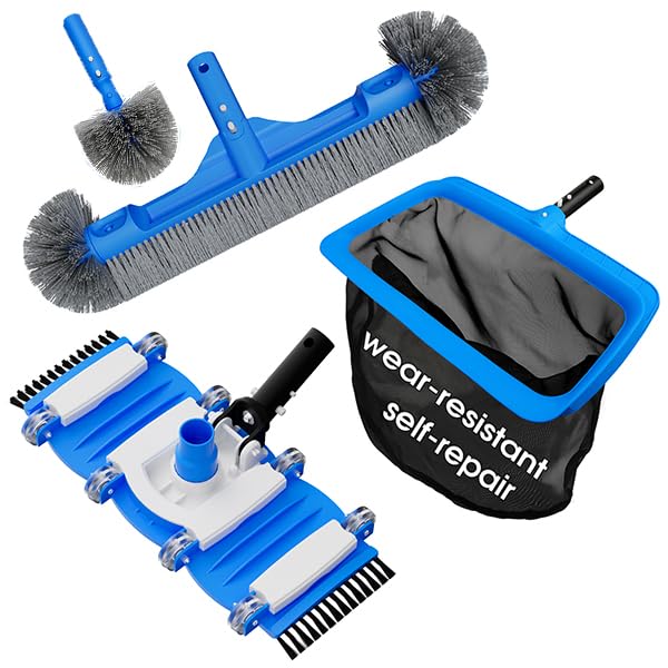 TidyMister 3-in-1 Pool Cleaning Kit Full Set - 18in Rounded End Pool Brush & Ergonomic Pool Vacuum Head with Wheels& Pool Nylon Net Fine Mesh for Above Ground In-ground Pools, Spas, Hot Tubs