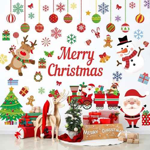 94 Pcs Christmas Wall Stickers Decals Removable Merry Christmas Wall Decorations Xmas Ball Tree Snowman Santa Reindeer Walls Decals for Xmas Party Home Office Walls Decorations