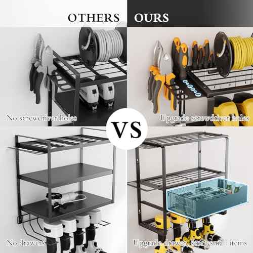 Power Tool Organizer Wall Mount, Tool Organizer and Storage for Garage, 8 Drill Holder with 2 Tool Drawers, 4 Layer Garage Tool Rack, Garage Wall Organizer with Screwdriver/Plier/Hammer Holder(Black)