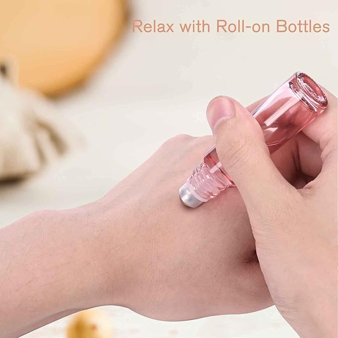 PrettyCare 12 Pack, 10 ml Essential Oil Roller Bottles with Stainless Steel Roller Ball - Refillable Leak-proof Empty Thick Pink Glass Roll on Bottles with Metal Caps for Travel, Perfume