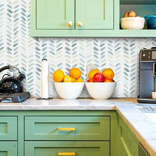 Sevalo Green and White Wallpaper Peel and Stick Wallpaper Boho 17.3inW 78.8inLContact Paper for Cabinets Green Herringbone Contact Paper Self-Adhesive Removable Bedroom Bathroom Waterproof Teal Kids
