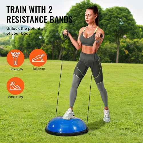 VEVOR Half Exercise Ball Trainer, 23/26 inch Balance Ball Trainer, 1500lbs Capacity Stability Ball, Yoga Ball with Resistance Bands & Foot Pump, Strength Fitness Ball for Home Gym Full Body Workout