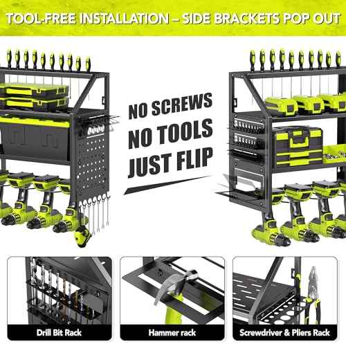 Power Tool Organizer Wall Mount with Charging Station, 8 Drill Holder with 8-Outlet Power Strip, Garage Cordless Drill Storage and Organization, Battery Utility Rack