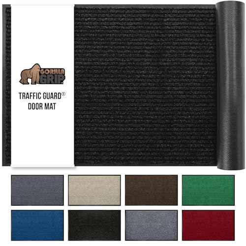 GORILLA GRIP Traffic Guard Door Mat, Heavy Duty Welcome Mats, Commercial Office Space Doormat, Waterproof, Fade Resistant, Strong Rubber Backing, Low Profile, Shoe and Boot Scraper, 35x23, Jet Black