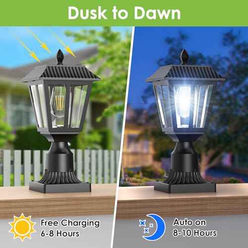 Greluna Solar Post Lamp Lights, 2 Pack 6000K Dusk to Dawn Solar Light with Pier Mount Base, Post Lights Outdoor Waterproof for Garden Yard Landscape Pole Pillar, Outside Decorative Lamp