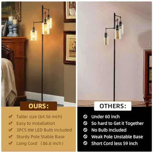Farmhouse Floor Lamp for Living Room Bedroom, 3-Lights Floor Lamp with On/Off Foot Switch, Tall Pole Tree Standing Lamp Oil Rubbed Bronze with Amber Glass Shade, LED 3 Bulbs Included