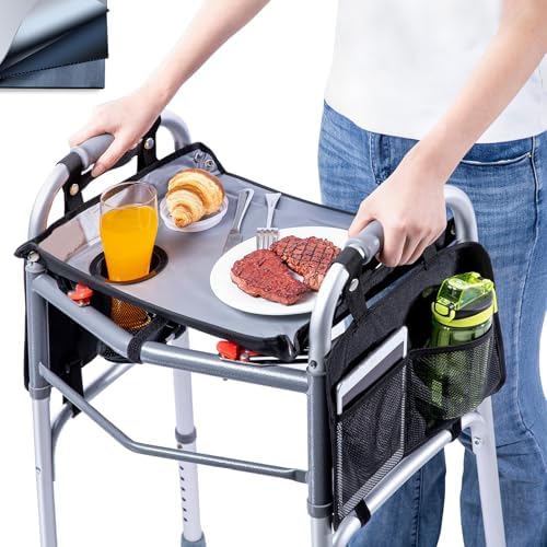 BAGSFY Walker Tray w/Side Pocket for Folding Walkers – Walker Accessory for Seniors with Cup Holder, Non-Slip Mat, and Easy Installation – Universal Fit Walker Table for Meals, Drinks, Reading