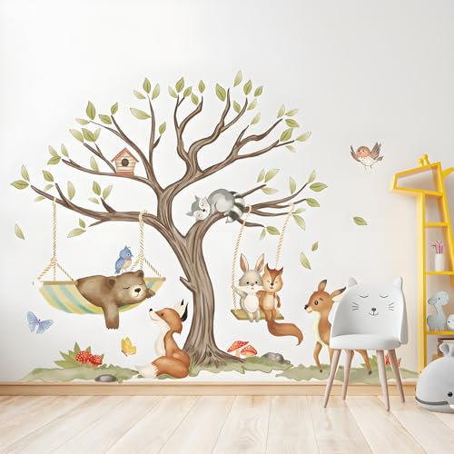Jungle Animal Wall Stickers Big Tree Fox Sika Deer Safari Wall Decals Kid Room Nursery Baby Bedroom D?cor