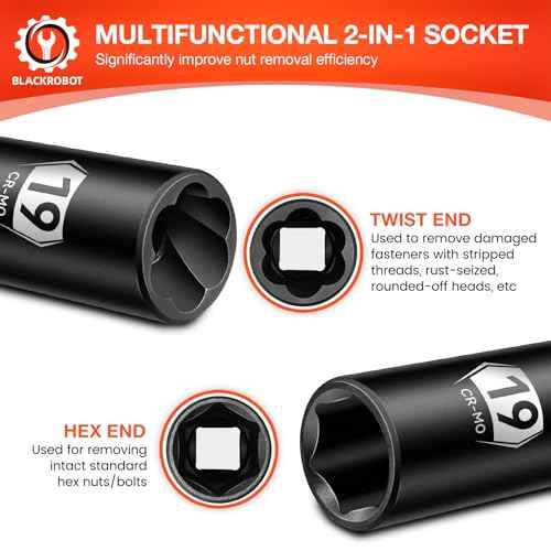 BLACKROBOT 5-Piece 1/2" Drive Lug Nut Removal Tool, 6 Point & Twist Lug Nut Extractor, Impact Flip Socket Set (17mm, 19mm, 21mm, 22mm) with 3" Extension Bar, CR-MO Steel