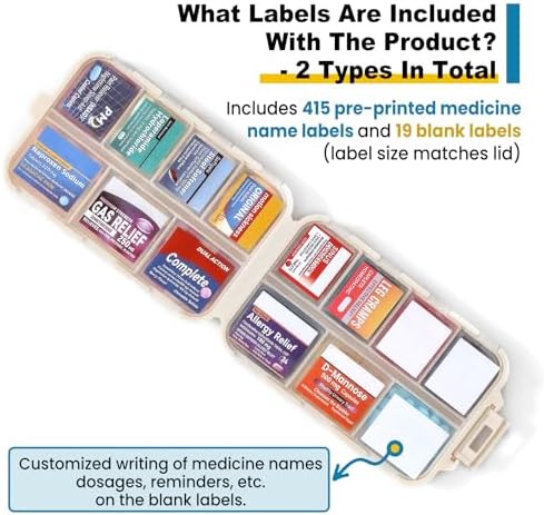 14 Grids Travel Pill Organizer Box with 415-Pcs Medicine Name Labels - Pocket Daily Pharmacy Case Container Kit - Travel Medication Holder Dispenser for Fish Oil Vitamin Supplement Storage - Khaki