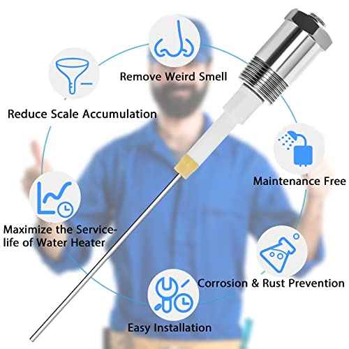 Podoy Powered Anode Rod for Hot Water Heater, Stops Corrosion and Eliminates Rotten Egg Smell for 30-80 Gallon Water Tank Except Bradford White, Titanium Electric Anode Rod Replacement Universal 9.4"