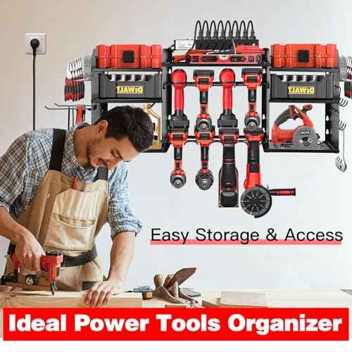 Power Tool Organizer Wall Mount, Large Tool Organizer with Charging Station, Heavy Duty Steel Cordless Drill Holder, 39 Inch Long Power Tool Battery Storage Rack with 8 Outlets Power Strip