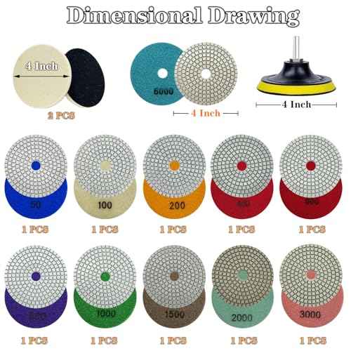 4 Inch Diamond Polishing Pads Kit, 15PCS Wet/Dry 50-6000 Grit for Granite, Concrete, Marble, Quartz, Stone ? Works with Drill, Grinder, Polisher, Includes 5/8¡¯¡¯-11 Backer Pad