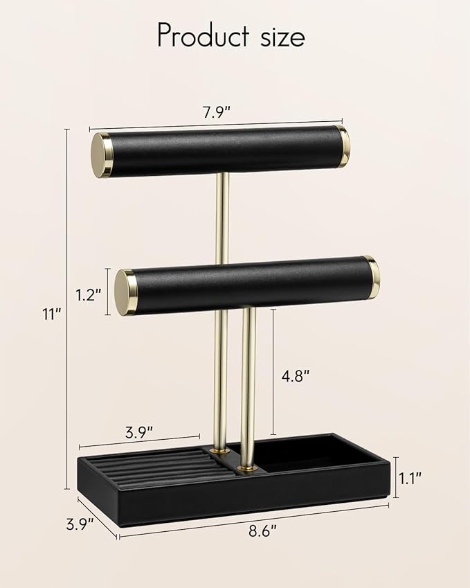 VLANDO 2 Tier Bracelet Holder Organizer with Tray - Leather Jewelry Stand Organizer for Women - Jewelry Holder Display for Necklace, Watches, Rings, Earrings, Bangle, Scrunchie - Black