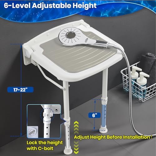 Wall Mounted Shower Seats w/PU Cushion (FSÄ/HSÄ Eligible) Support 550lbs, Adjustable Height Folding Shower Chair Wall Mounted for Elderly-Adults-Pregnants-Seniors-Disabled