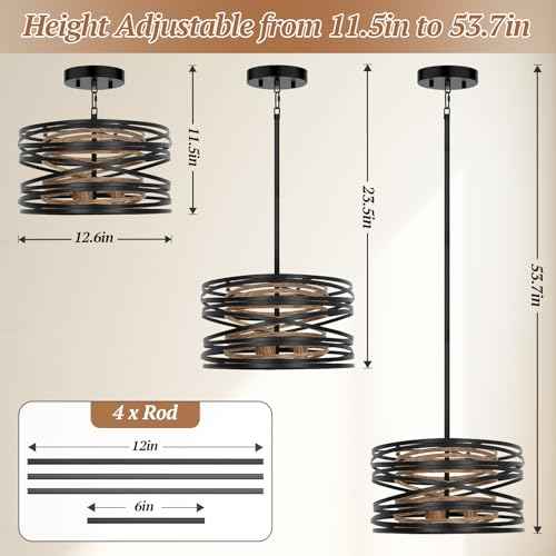 12.6'' Farmhouse Chandelier for Dining Room, Kitchen Lighting Fixtures Ceiling, 3-Light Black Pendant Light Fixture, Modern Industrial Drum Hanging Light for Over Table Foyer Entryway Hallway