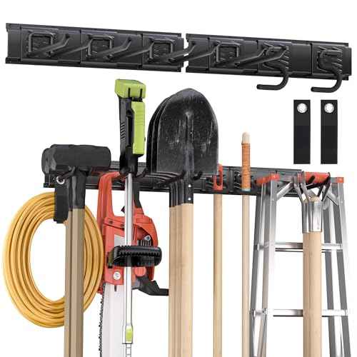 Garden Tool Organizer Wall Mount, 32 inches Tool Storage Rack with Adjustable Hooks, 600lbs Adjustable Heavy Duty Metal Hooks, Yard Shed Rack Holder System Hanging Rake Broom Mop Snowboard, Men Gift