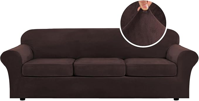 H.VERSAILTEX High Stretch Sofa Slipcover 4 Piece Cover Velvet Furniture Protector Form Fit Thick Velvet Extra Large Sofa Cover for 3 Cushion Couch Width Up to 97 Inch (Large Sofa, Brown)