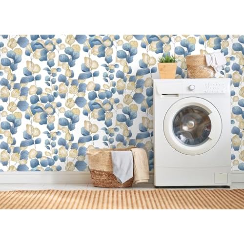 Vinjiasin Boho Peel and Stick Wallpaper Blue Leaf Contact Paper Modern Floral Wallpaper Self Adhesive Removable Wall Paper for Bathroom Bedroom Living Room Cabinet Countertop 17.3"x 78.7"