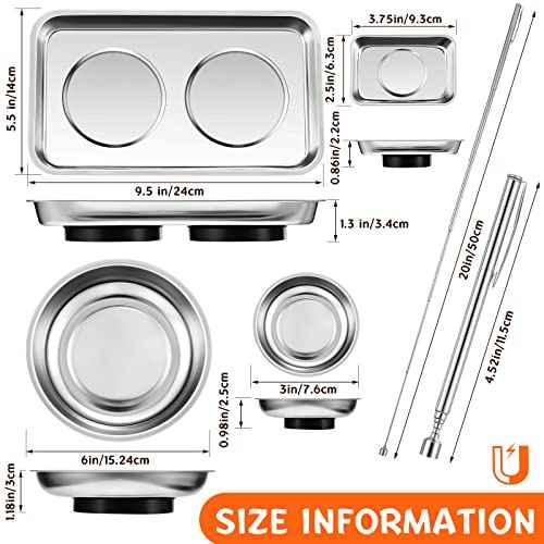 Geiserailie 4 pcs Magnetic Tray with Magnetic Pin Screw Bolt Holder Round Magnet Parts Bowl Stainless Steel Pickup Tool Tray for Mechanic's