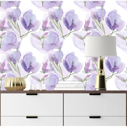 Large Floral Peel and Stick Wallpaper Modern Self-Adhesive Vinyl Contact Paper Removable & Renter-Friendly for Cabinets Drawers & Prepasted Lavender Wallpaper 17.7" x 78.7"
