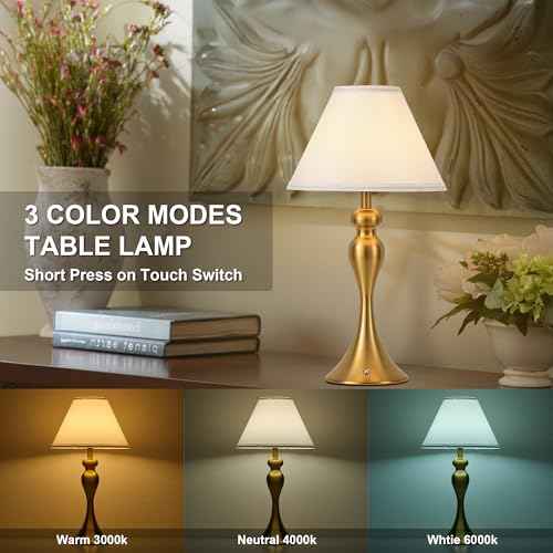 Cordless Bedside Lamp for Living Room, Table Lamp for Bedroom, 3-Way Dimmable Nightstand Lamp with Fabric Shade, Rechargeable Touch Led Desk Lamp Battery Operated Lamp for Dorm, Home Office (Brass)