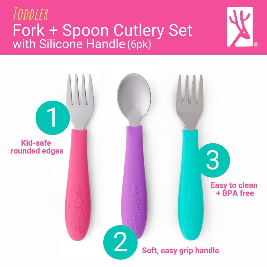 Elk and Friends Kids Silverware with Silicone Handle | Childrens Safe Flatware | Toddler Utensils | Baby Spoons + Forks | Stainless Steel Cutlery | Dishwasher Safe | 6 Pieces