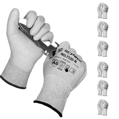 Schwer 6 Pairs ANSI A6 Cut Resistant Gloves CR7120 Cut Proof Work Gloves, Touchscreen, for Men and Women Used for Woodworking, Glass Cutting, Construction, Cargo Handling, Car Repair, L