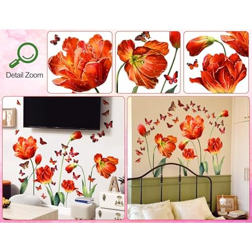 LiveGallery Large Pink Red Flowers Wall Stickers Removable Floral and Butterfly Wall Decal DIY Tulips and Green Leaf Vine Wall Decor for Kids Teens Girls Women Bedroom Nursery Living Room Decoration