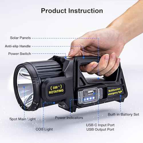 Rechargeable Spotlight Outdoor Handheld, 2,000,000L High Lumens Led Spot Light Flashlight with Solar Panels, 9 Modes Waterproof Handheld Spot Light for Outdoor Marine Boating Hunting
