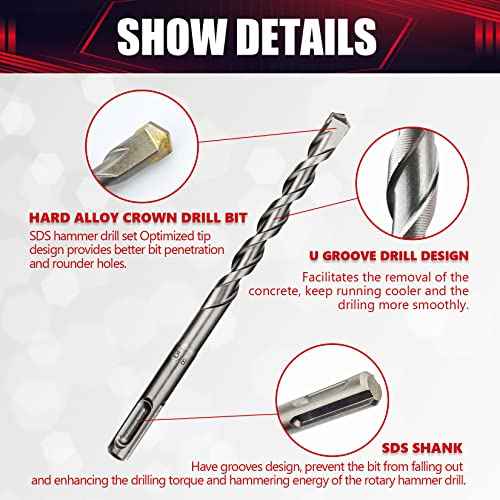 17PCS Rotary Hammer & Chisels Masonry Drill Bit Set, SDS Plus Drill Bits Set, Fit for Drilling and Cutting in Concrete,Brick,Walls